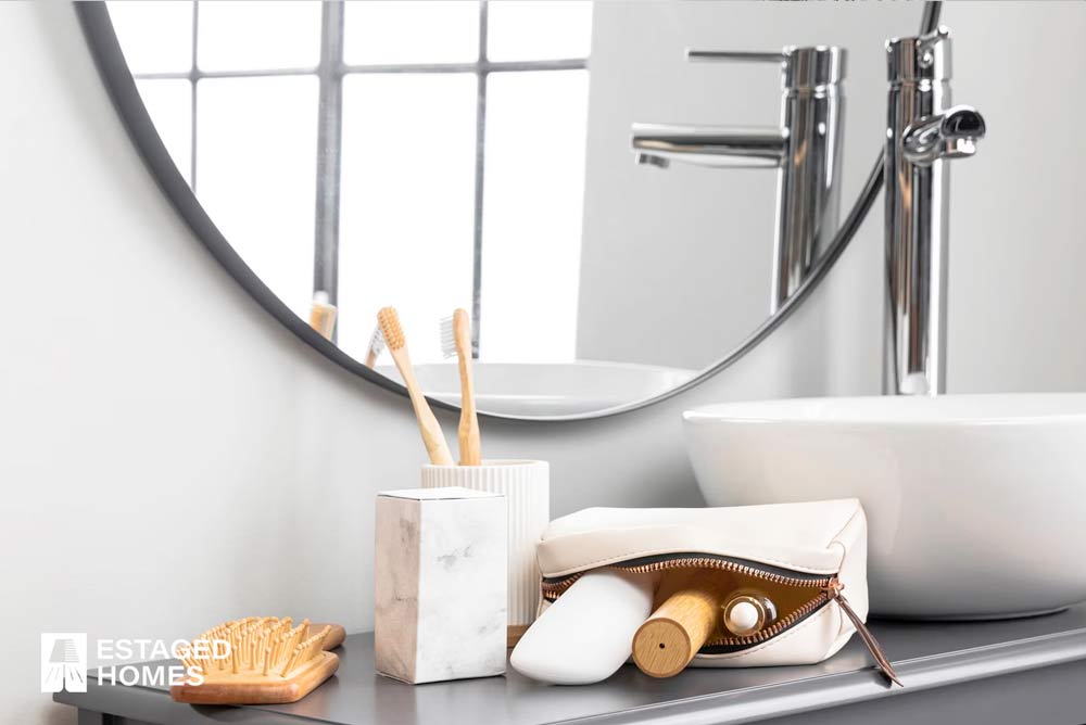 View of toiletries and decor items in a luxury bathroom
